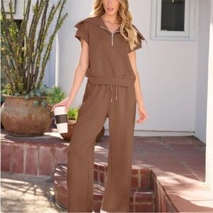 Brown Women's Cap Sleeve Quarter Zip Set